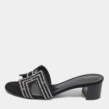 Pre Owned Hermes Black Suede Crystal Embellished Oasis Slide Sandals Size 36