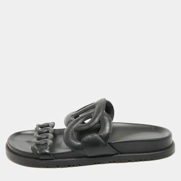 Hermes Black Leather Extra Flat Slide Sandals Size 36.5