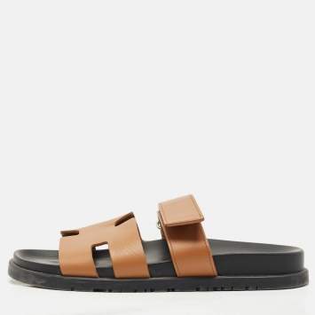 Hermes Brown Leather Chypre Sandals Size 39.5
