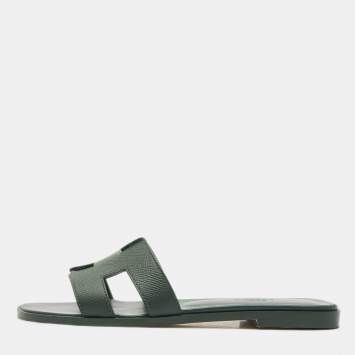 Pre Owned Hermes Dark Green Leather Oran Flat Slides Size 37