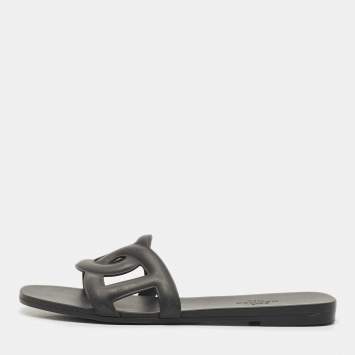 Hermes Black Rubber Aloha Flat Slides  Size 35
