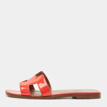Hermes Orange Patent Oran Flat Slides Size 38