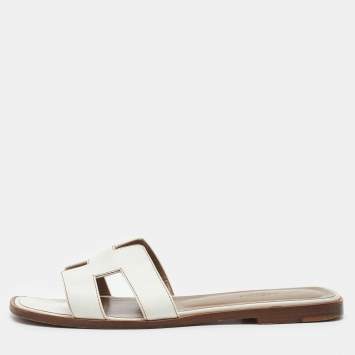 Hermes White Leather Oran Flat Slide Sandals Size 38