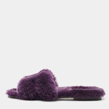 Hermes Purple Shearling Fur Oran Flat Sandals Size 38