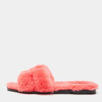 Hermes Red Shearling Fur Oran Flat Sandals Size 38.5