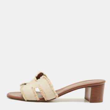 Hermes Brown/Cream Canvas Oasis Slide Sandals Size 39.5