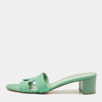 Pre Owned Hermes Green Leather Oasis Slide Sandals Size 38.5