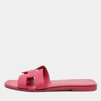 Pre Owned Hermes Pink Leather Oran Flat Slides Size 36.5