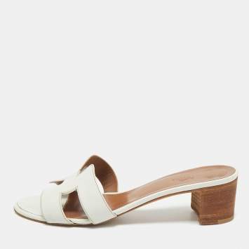 Pre Owned Hermes White Leather Oasis Slide Sandals Size 37.5
