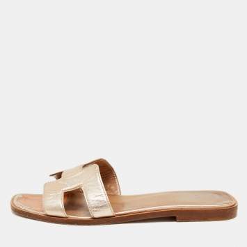 Pre Owned Hermes Metallic Bronze Leather Oran Flat Slides Size 36