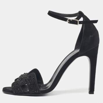 Hermes Black Suede And Crystal Embellished Premiere Ankle Strap Sandals Size 38.5