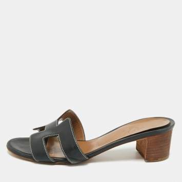 Pre Owned Hermes Black Leather Oasis Slide Sandals Size 35.5