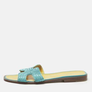 Hermes Blue Twisted Metallic Cord Oran Flat Slide Sandals Size 39.5