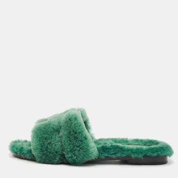 Hermes Green Shearling Fur Oran Flat Slides Size 37.5