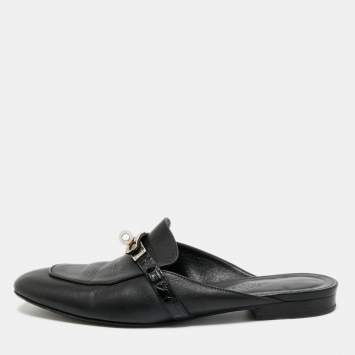 Pre Owned Hermes Black Leather Palladium Plated Oz Mule Sandals Size 39