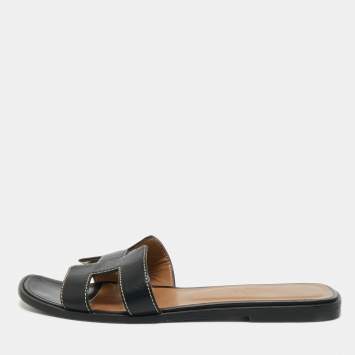 Pre Owned Hermes Black Leather Oran Flat Slide Sandals Size 38 
