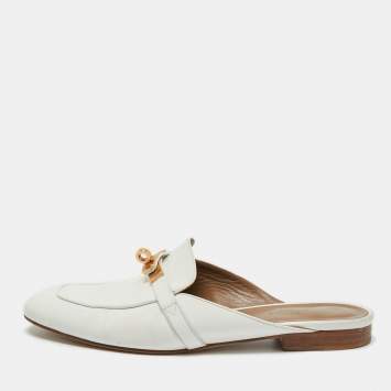 Pre Owned Hermes White Leather Palladium Plated Oz Mule Sandals Size 39