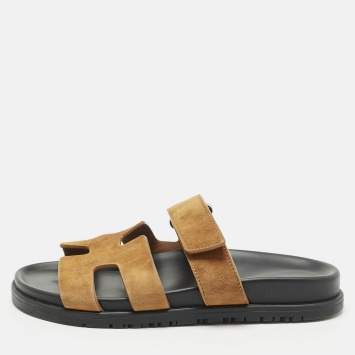Pre Owned Hermes Brown Suede Chypre Flat Slides Size 36.5