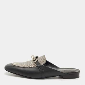 Pre Owned Hermes Black Leather and Lizard Leather Oz Mules Size 39.5
