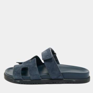 Pre Owned Hermes Navy Blue Suede Chypre Sandals Size 38.5