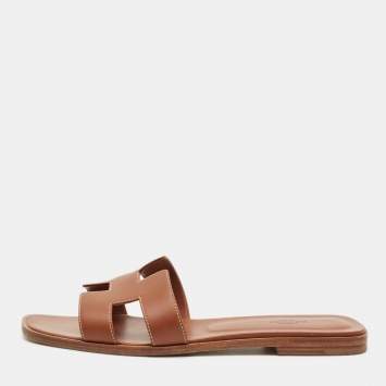 Pre Owned Hermes Brown Leather Oran Flat Slides Size 41
