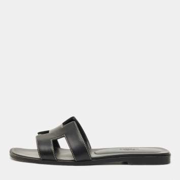 Pre Owned Hermes Black Leather Oran Flat Slides Size 38