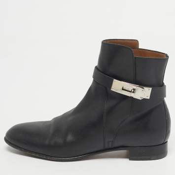 Pre Owned Hermes Black Leather jeff Ankle Length Boots Size 35.5