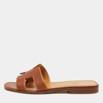 Pre Owned Hermes Brown Leather Oran Flat Slides Size 37