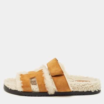 Pre Owned Hermès Brown Suede and Shearling Fur Lined Chypre Sandals Size 37