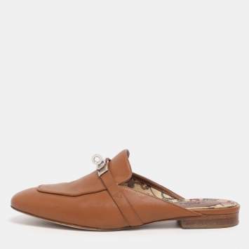 Pre Owned Hermes Naturel Leather Oz Flat Mules Size 38