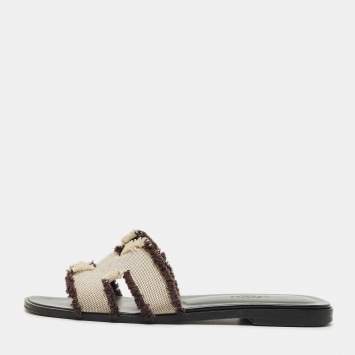 Pre Owned Hermes Brown/White Knit Fabric Oran Sandals Size 35