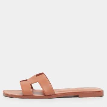 Pre Owned Hermes Orange Leather Oran Flat Slide Size 38.5