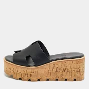 Pre Owned Hermes Black Leather Eze Platform Cork Wedge Sandals Size 37