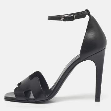Pre Owned Hermes Black Leather Premiere Ankle Strap Sandals Size 39.5
