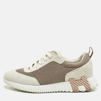 Pre Owned Hermes Grey/Beige Suede and Mesh Bouncing Sneakers Size 41.5