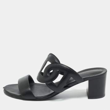 Pre Owned Hermes Black Leather Bikini Slide Sandals Size 38