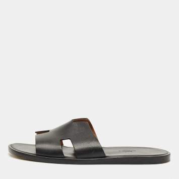 Pre Owned Hermes Black Leather Izmir Flat Slide Size 42