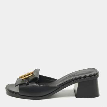 Pre Owned Hermes Black Leather Ilot Slide Sandals Size 36