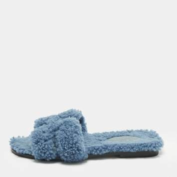 Pre Owned Hermes Blue Shearling Fur Oran Flat Slides Size 37.5