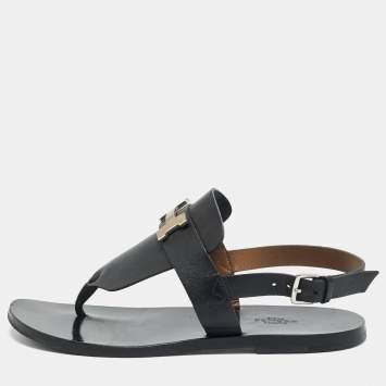 Pre Owned Hermes Black Leather Galerie Slingback Sandals Size 39