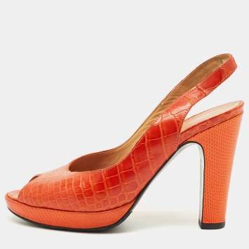 Pre Owned Hermes Orange Crocodile Leather and Lizard Leather Peep Toe Pumps Size 37