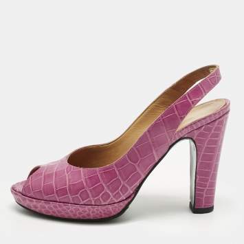 Pre Owned Hermes Purple Crocodile Leather Peep Toe Slingback Pumps Size 37