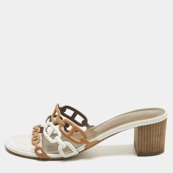 Pre Owned Hermes White/Brown Leather Tandem Slide Sandals Size 37.5