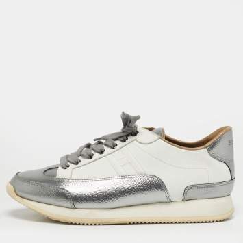 Pre Owned Hermes Metallic Silver/White Leather H Sneakers Size 40