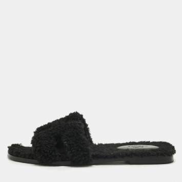 Pre Owned Hermès Black Shearling Fur Oran Flat Slides Size 38