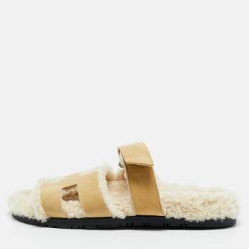 Pre Owned Hermes Brown Suede Shearling Fur Chypre Sandals Size 39