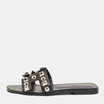 Pre Owned Hermes Black Leather Crystal Embellished Oran Flat Slides Size 38