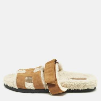 Pre Owned Hermes Brown Suede Shearling Fur Chypre Sandals Size 39.5