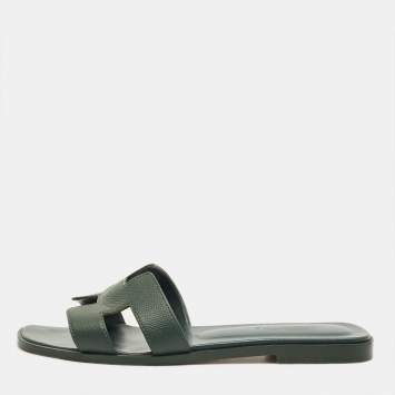 Pre Owned Hermes Green Leather Oran Flat Slides Size 37