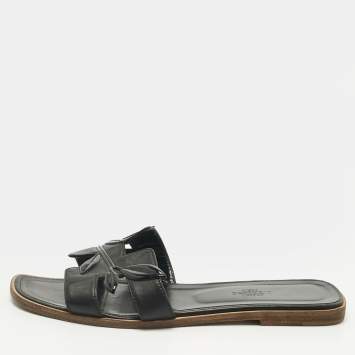 Pre Owned Hermes Black Leather Laurel Oran Flat Slide Size 39